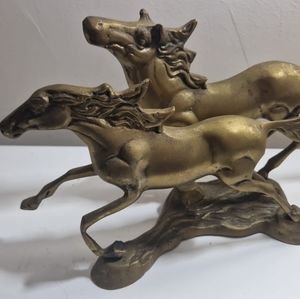 Vintage Late 20th Century Solid Brass Wild Horses Running Sculpture Figurine